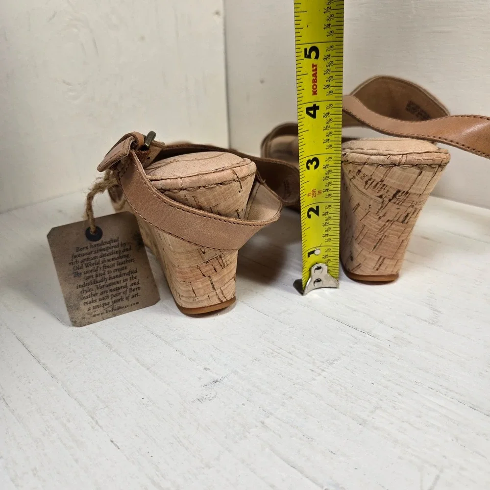 Born Hand Crafted Womens Tan Leather Cork Wedge Sandals Slingback Buckle Size 8M